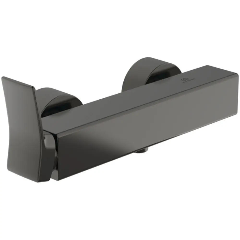 Brausearmatur in mattem Schwarz von Ideal Standard, mit einem flachen Bedienhebel und runden Griffen. Eignet sich für moderne Badezimmer.